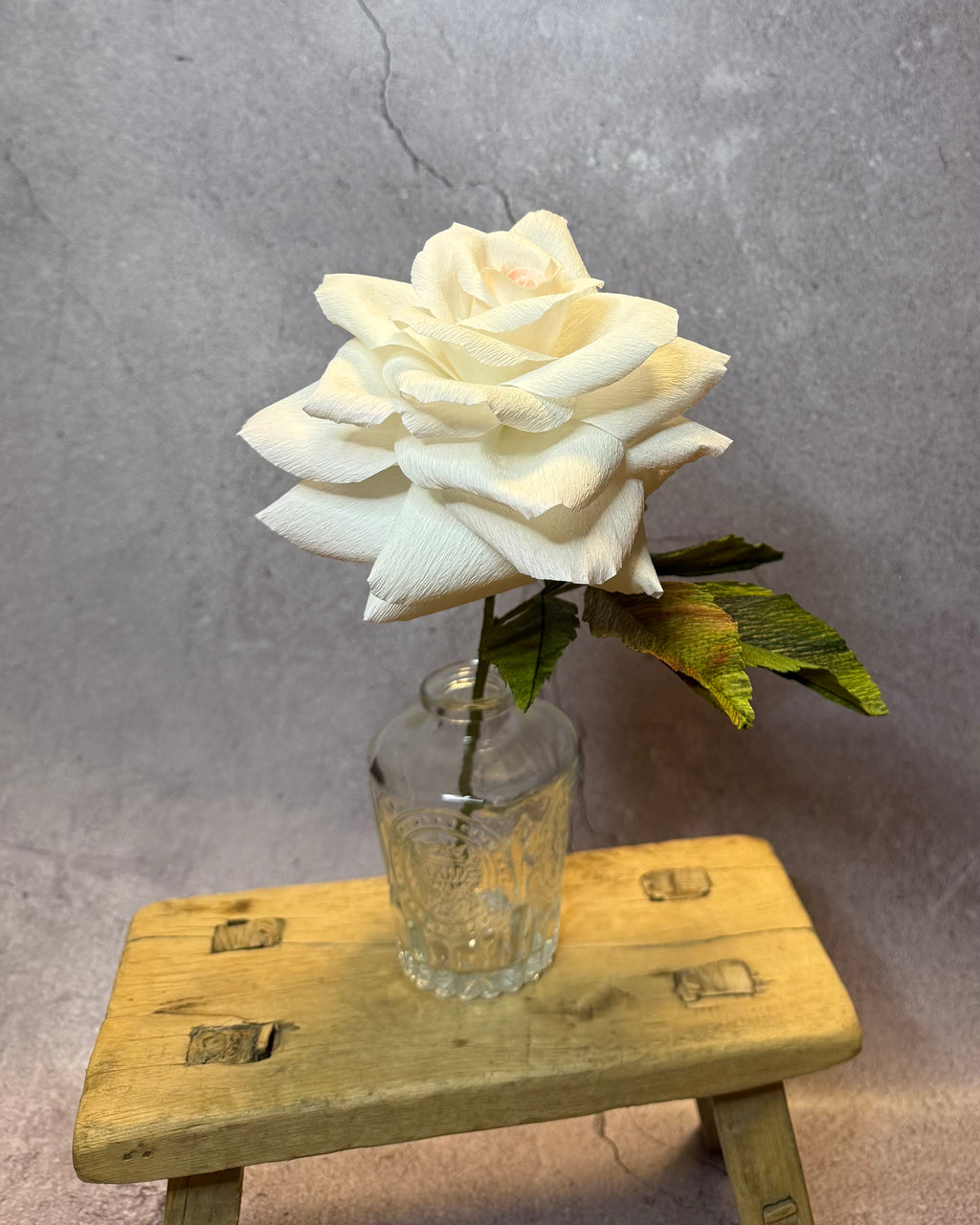 Large short stem white rose in vase